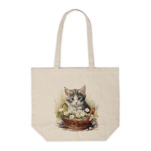 Floral Cat in a Basket Custom Canvas Tote Bag
